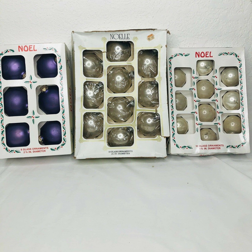 Vintage 10 Beige Noelle, 6 Purple And 10 Small Noel Glass Ornaments Pre Owned.